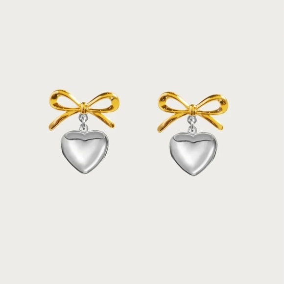 Jewelry - NWT Gold and Silver 925 Ribbon Heart Dangle Earrings​​​​